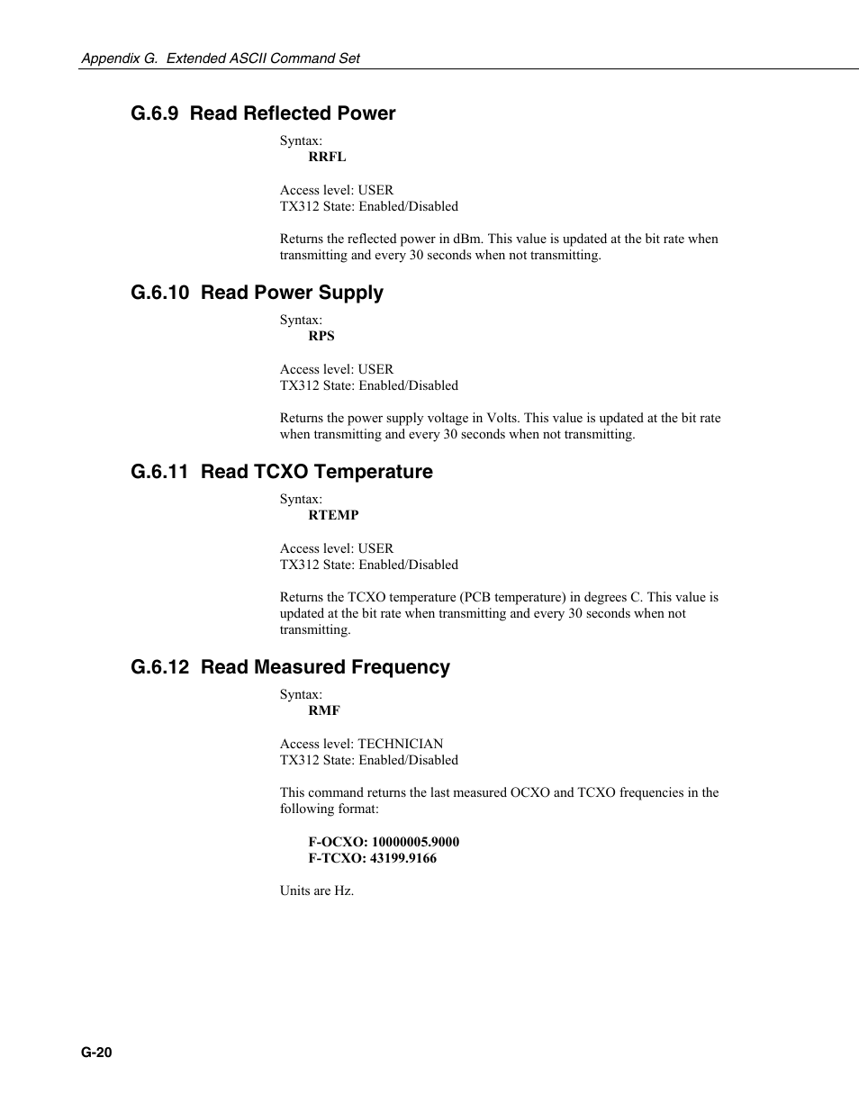 G.6.9 read reflected power, G.6.10 read power supply, G.6.11 read tcxo temperature | G.6.12 read measured frequency | Campbell Scientific TX312 High Data Rate GOES Transmitter User Manual | Page 92 / 96