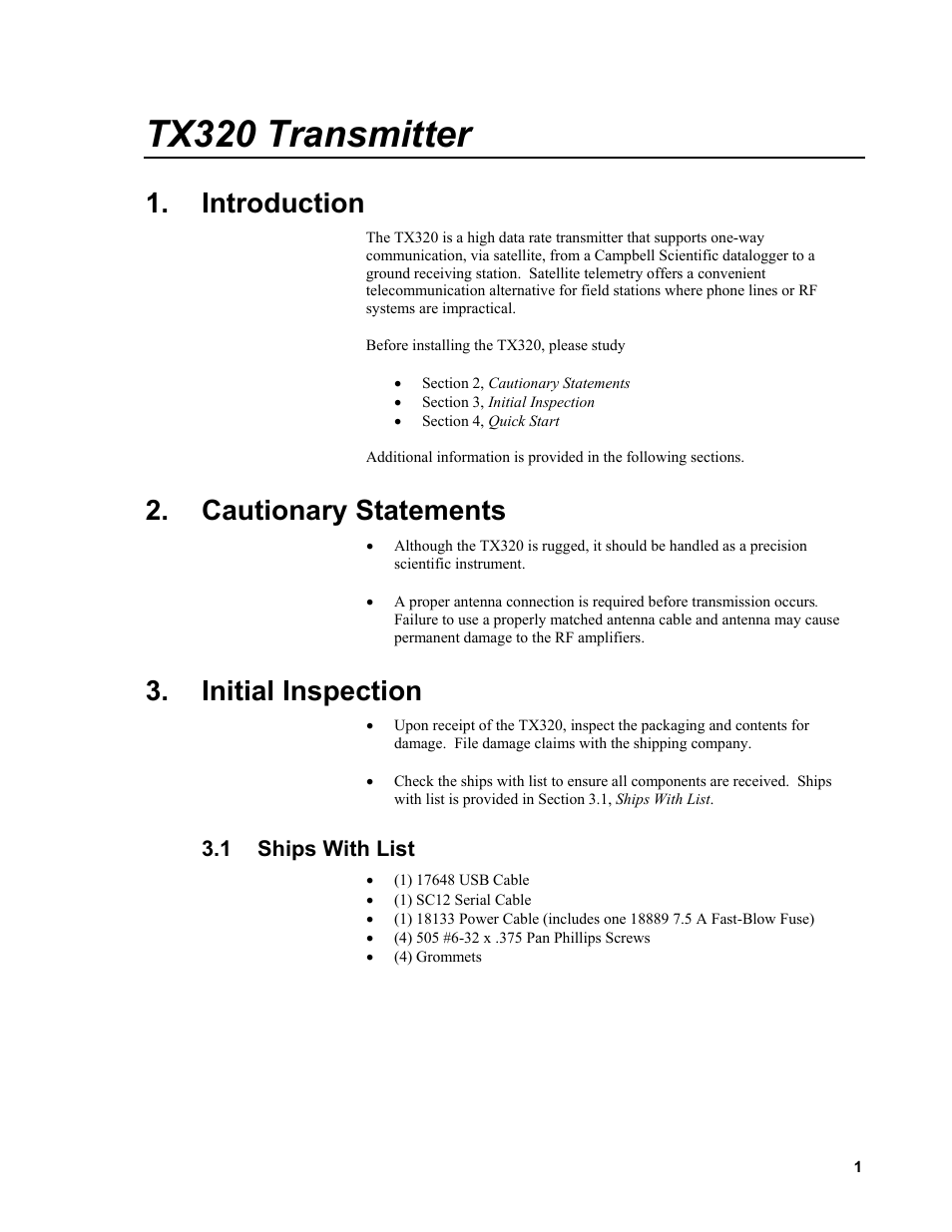 Introduction, Cautionary statements, Initial inspection | 1 ships with list, Ships with list, Tx320 transmitter | Campbell Scientific TX320 Transmitter User Manual | Page 11 / 80