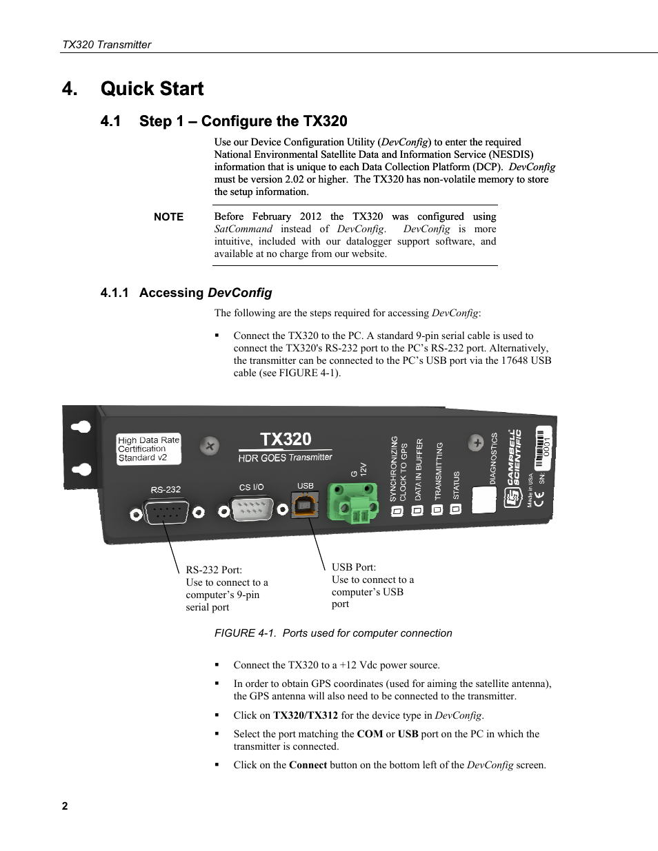 Quick start, 1 step 1 – configure the tx320, 1 accessing devconfig | Step 1 – configure the tx320, Accessing devconfig, 1. ports used for computer connection, Quick start . quick start | Campbell Scientific TX320 Transmitter User Manual | Page 12 / 80