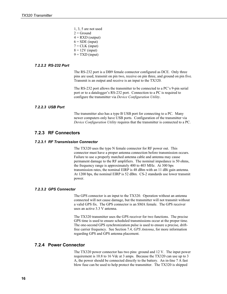 2 rs-232 port, 3 usb port, 3 rf connectors | 1 rf transmission connector, 2 gps connector, 4 power connector, Rs-232 port, Usb port, Rf connectors, Rf transmission connector | Campbell Scientific TX320 Transmitter User Manual | Page 26 / 80
