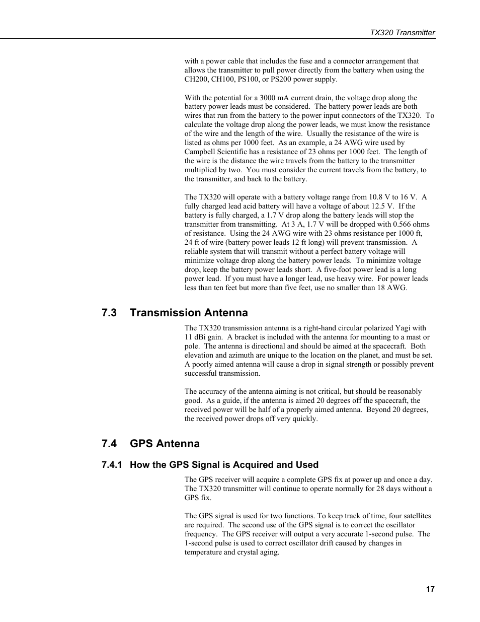 3 transmission antenna, 4 gps antenna, 1 how the gps signal is acquired and used | Transmission antenna, Gps antenna, How the gps signal is acquired and used, On 7.3, N 7.4 | Campbell Scientific TX320 Transmitter User Manual | Page 27 / 80