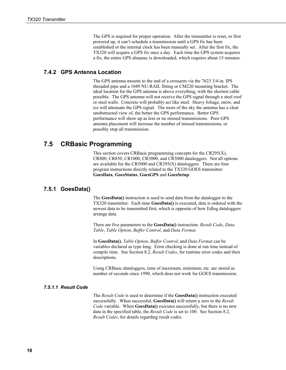 2 gps antenna location, 5 crbasic programming, 1 goesdata() | 1 result code, Gps antenna location, Crbasic programming, Goesdata(), Result code | Campbell Scientific TX320 Transmitter User Manual | Page 28 / 80