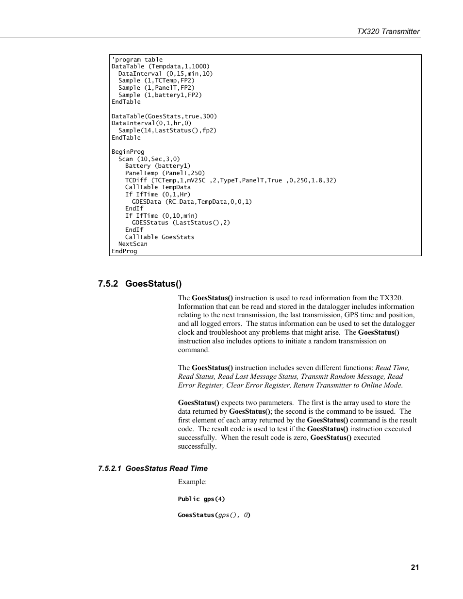2 goesstatus(), 1 goesstatus read time, Goesstatus() | Goesstatus read time | Campbell Scientific TX320 Transmitter User Manual | Page 31 / 80