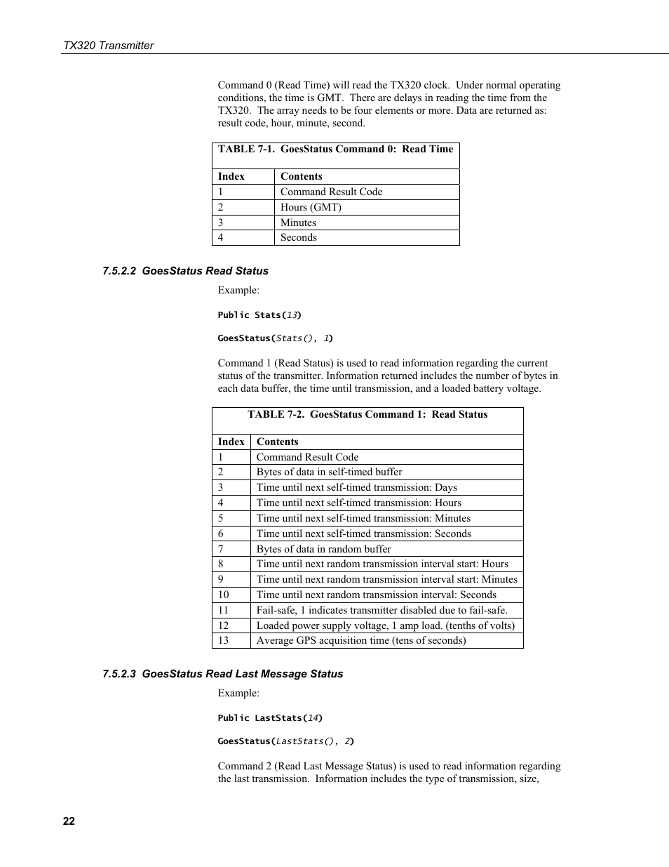2 goesstatus read status, 3 goesstatus read last message status, Goesstatus read status | Goesstatus read last message status, 1. goesstatus command 0: read time, 2. goesstatus, Command, Read status | Campbell Scientific TX320 Transmitter User Manual | Page 32 / 80