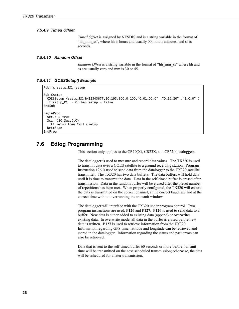 9 timed offset, 10 random offset, 11 goessetup() example | 6 edlog programming, Timed offset, Random offset, Goessetup() example, Edlog programming | Campbell Scientific TX320 Transmitter User Manual | Page 36 / 80