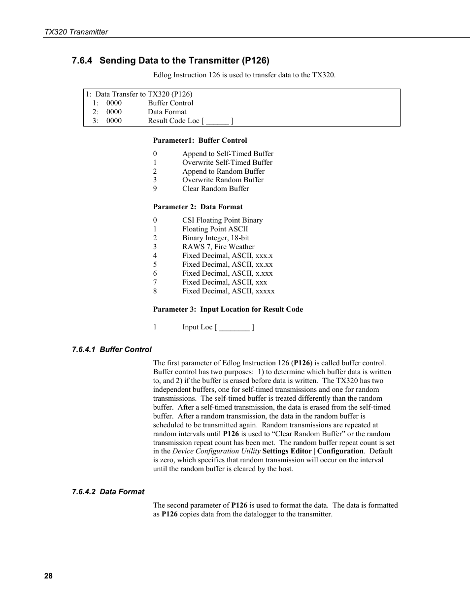 4 sending data to the transmitter (p126), 1 buffer control, 2 data format | Sending data to the transmitter (p126), Buffer control, Data format | Campbell Scientific TX320 Transmitter User Manual | Page 38 / 80