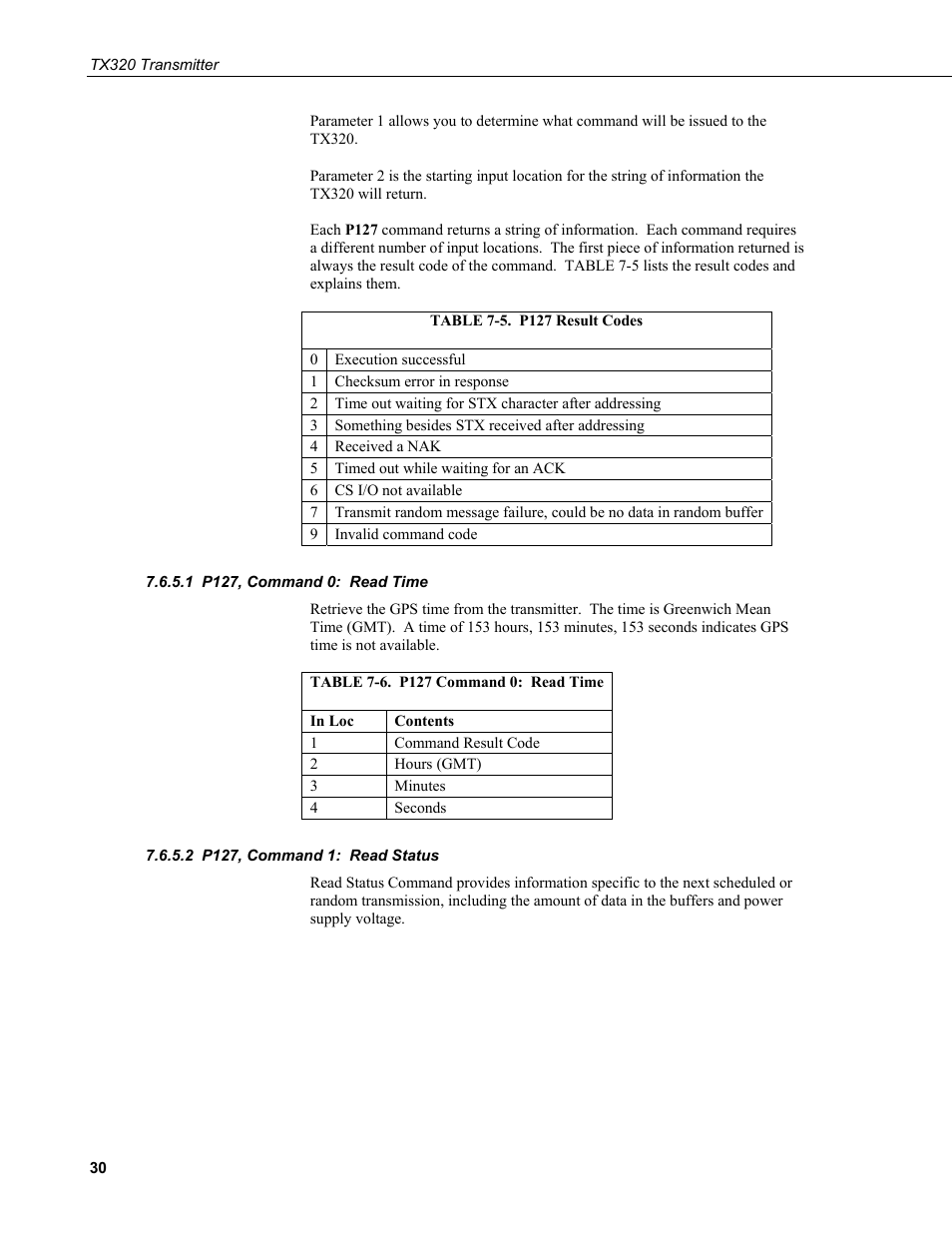 1 p127, command 0: read time, 2 p127, command 1: read status, P127, command 0: read time | P127, command 1: read status, 5. p127 result codes, 6. p127 command 0: read time | Campbell Scientific TX320 Transmitter User Manual | Page 40 / 80