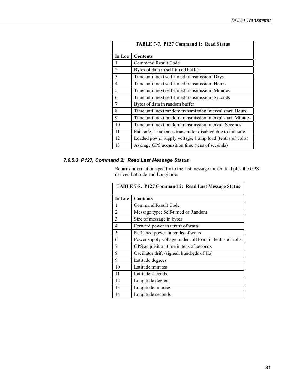 3 p127, command 2: read last message status, P127, command 2: read last message status, 7. p127 command 1: read status | 8. p127 command 2: read last message status | Campbell Scientific TX320 Transmitter User Manual | Page 41 / 80