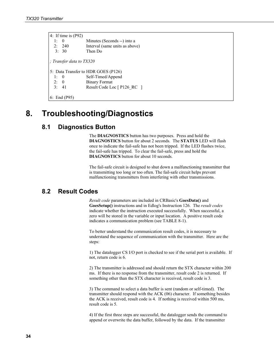 Troubleshooting/diagnostics, 1 diagnostics button, 2 result codes | Diagnostics button, Result codes | Campbell Scientific TX320 Transmitter User Manual | Page 44 / 80