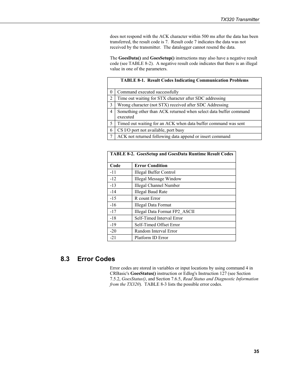 3 error codes, Error codes, 1. result | Codes, Indicating communication problems, 2. goessetup and goesdata runtime result codes | Campbell Scientific TX320 Transmitter User Manual | Page 45 / 80