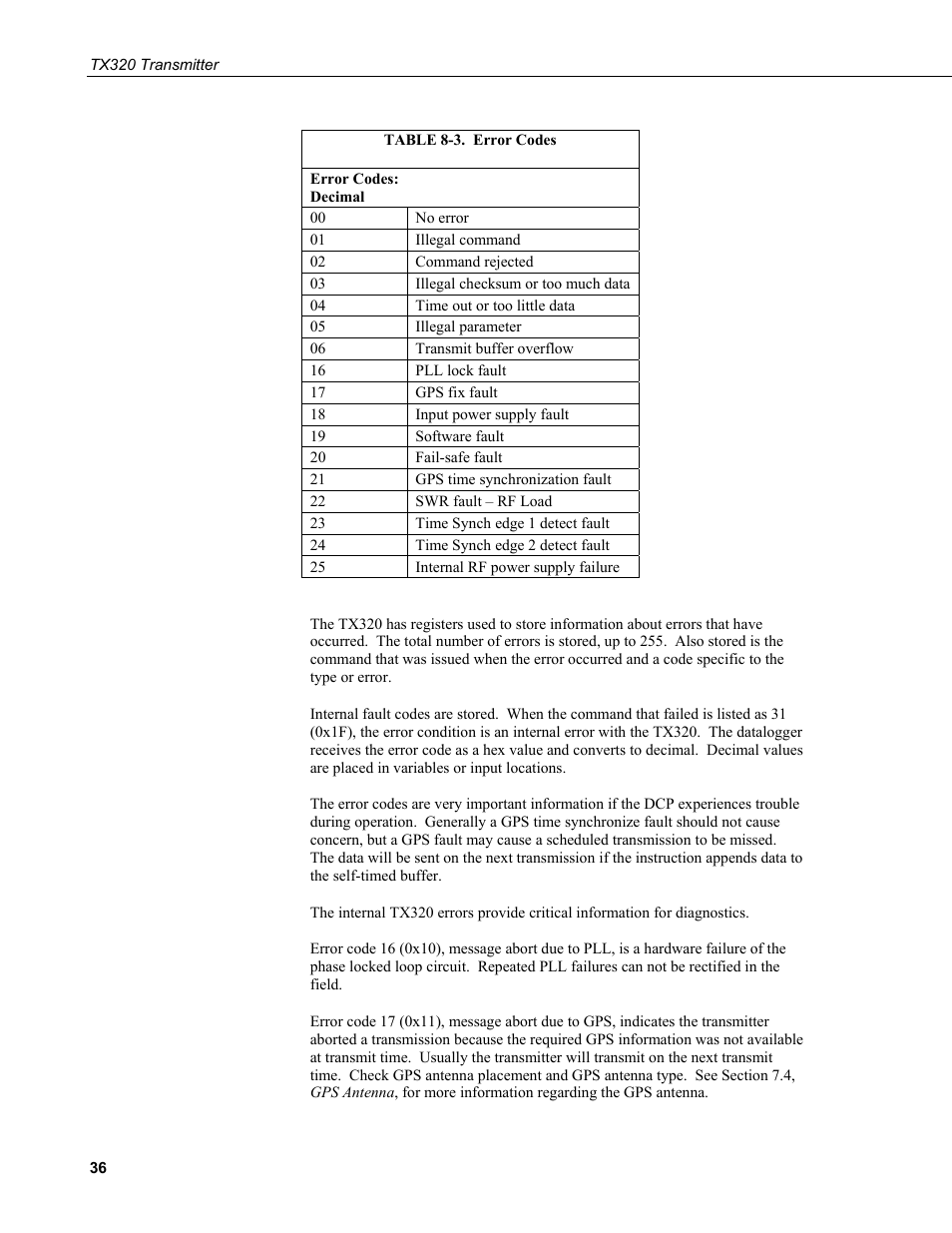 3. error, Codes, Table 8-3 lists th | Campbell Scientific TX320 Transmitter User Manual | Page 46 / 80