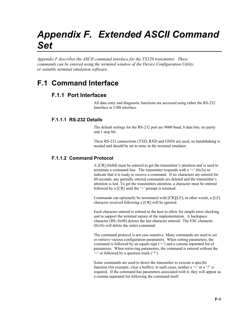 Appendix f. extended ascii command set, F.1 command interface, F.1.1 port interfaces | F.1.1.1 rs-232 details, F.1.1.2 command protocol, F.1 command, F.1.1 port, F.1.1.2 command | Campbell Scientific TX320 Transmitter User Manual | Page 63 / 80