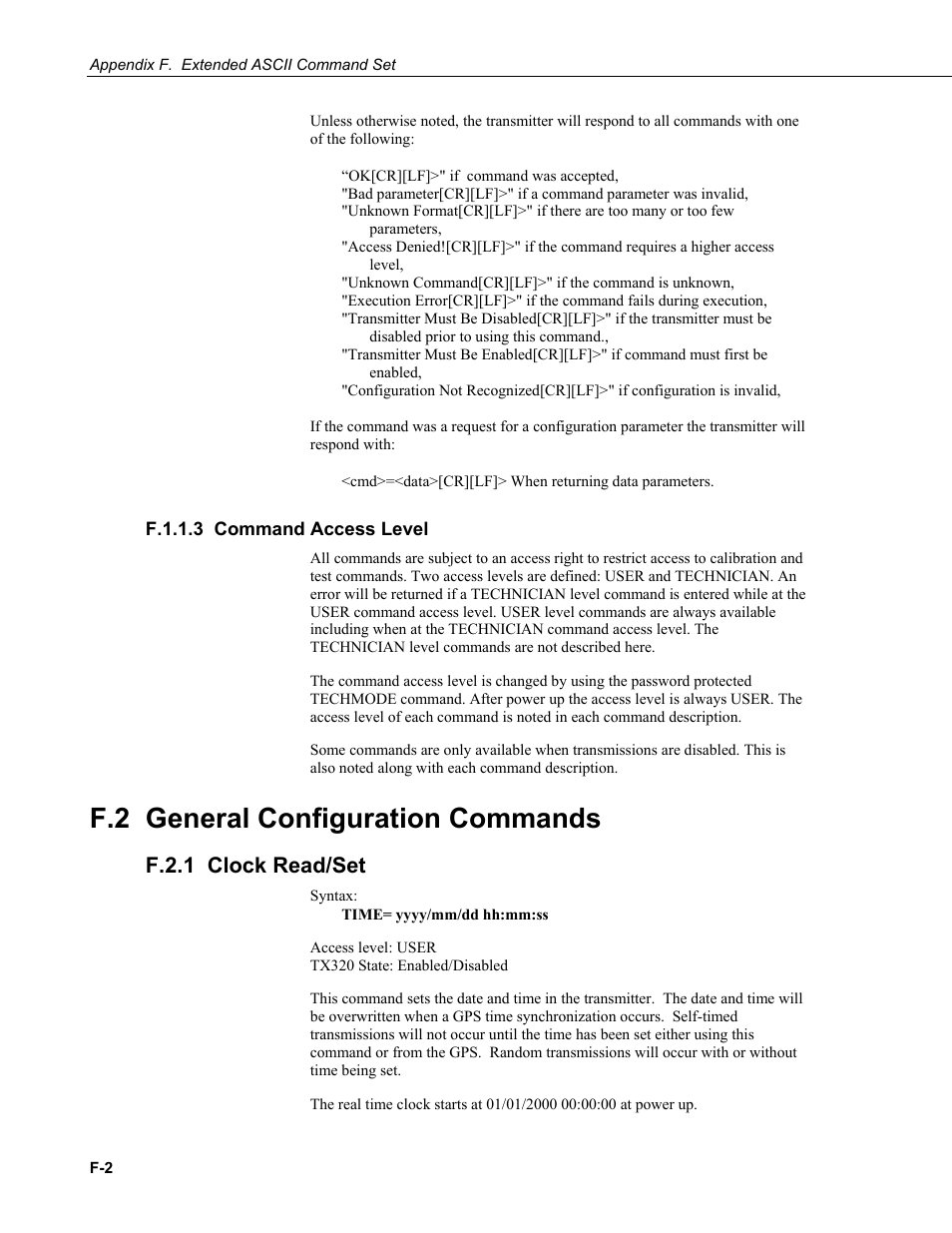 F.1.1.3 command access level, F.2 general configuration commands, F.2.1 clock read/set | F.1.1.3 command, Access, F.2 general, F.2.1 clock | Campbell Scientific TX320 Transmitter User Manual | Page 64 / 80