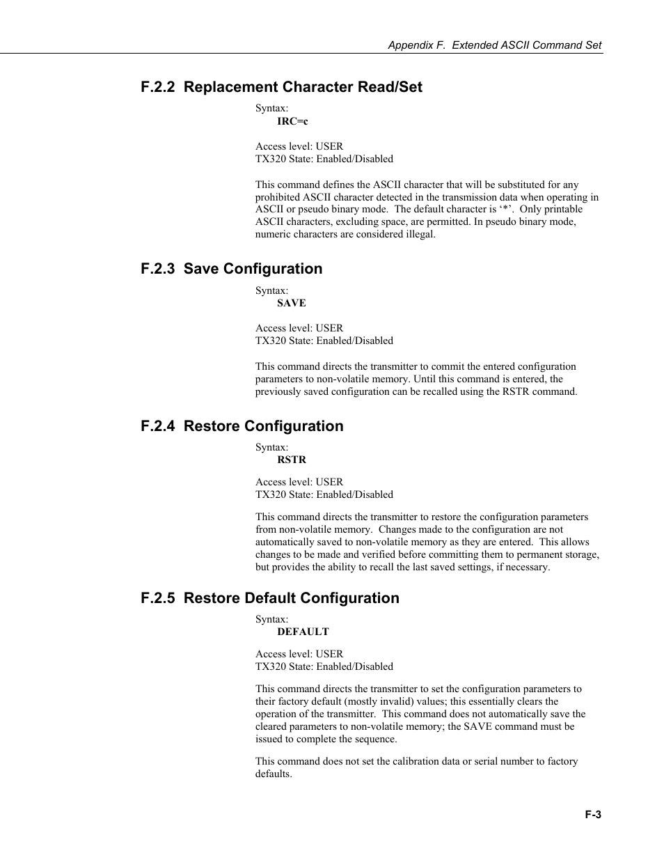 F.2.2 replacement character read/set, F.2.3 save configuration, F.2.4 restore configuration | F.2.5 restore default configuration, F.2.2 replacement, F.2.3 save, F.2.4 restore, F.2.5 restore, Default | Campbell Scientific TX320 Transmitter User Manual | Page 65 / 80