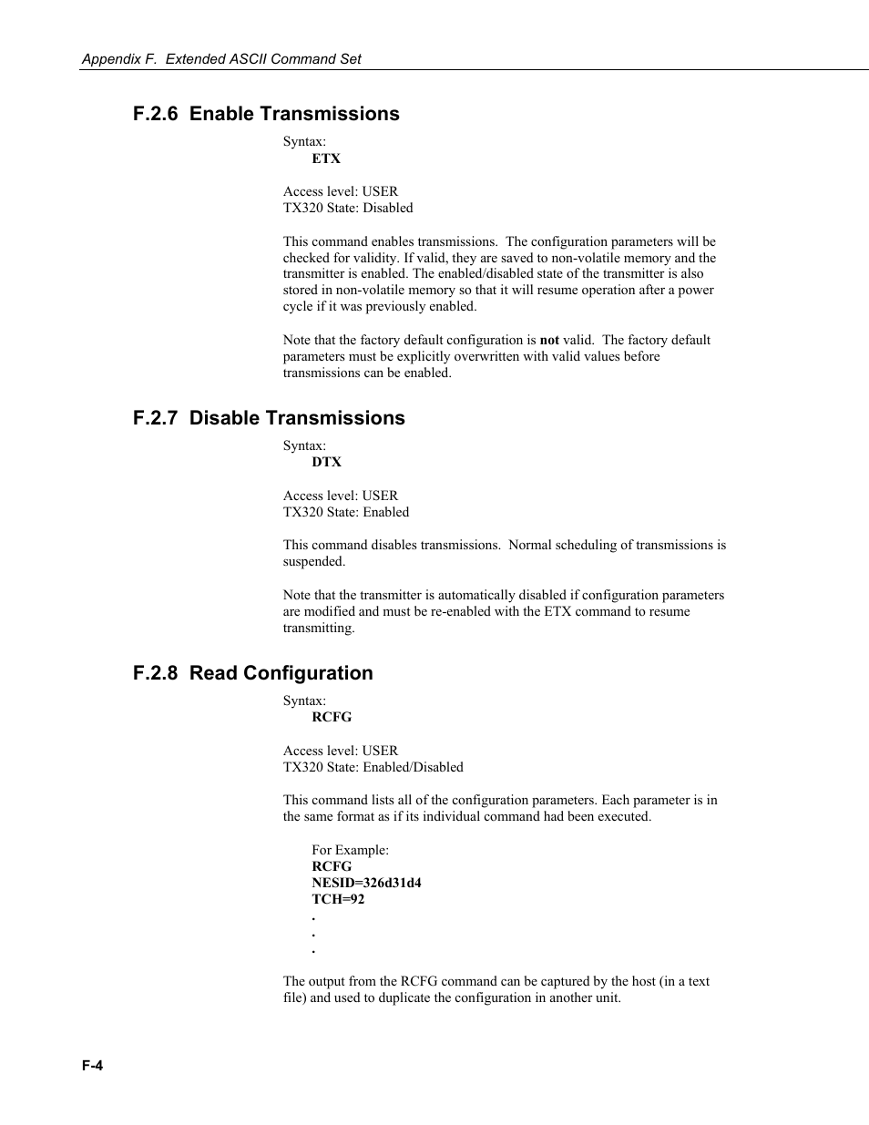 F.2.6 enable transmissions, F.2.7 disable transmissions, F.2.8 read configuration | F.2.6 enable, F.2.7 disable, F.2.8 read | Campbell Scientific TX320 Transmitter User Manual | Page 66 / 80
