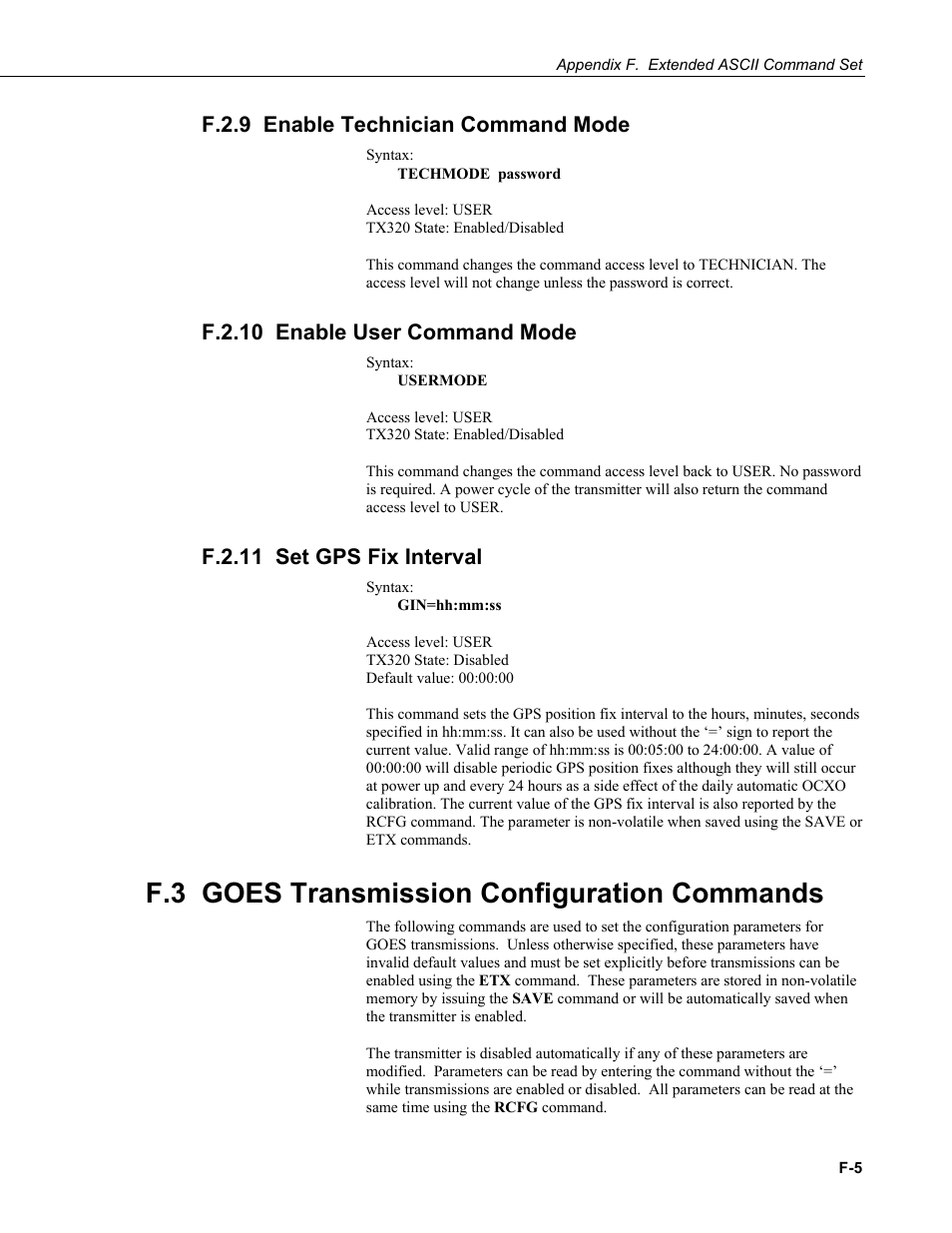 F.2.9 enable technician command mode, F.2.10 enable user command mode, F.2.11 set gps fix interval | F.3 goes transmission configuration commands, F.2.9 enable | Campbell Scientific TX320 Transmitter User Manual | Page 67 / 80