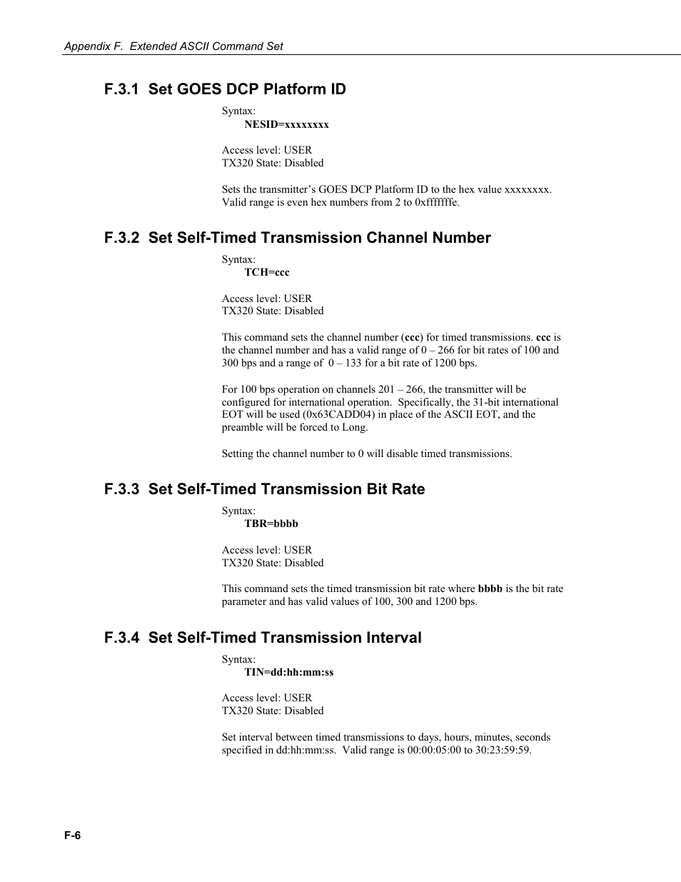 F.3.1 set goes dcp platform id, F.3.2 set self-timed transmission channel number, F.3.3 set self-timed transmission bit rate | F.3.4 set self-timed transmission interval | Campbell Scientific TX320 Transmitter User Manual | Page 68 / 80