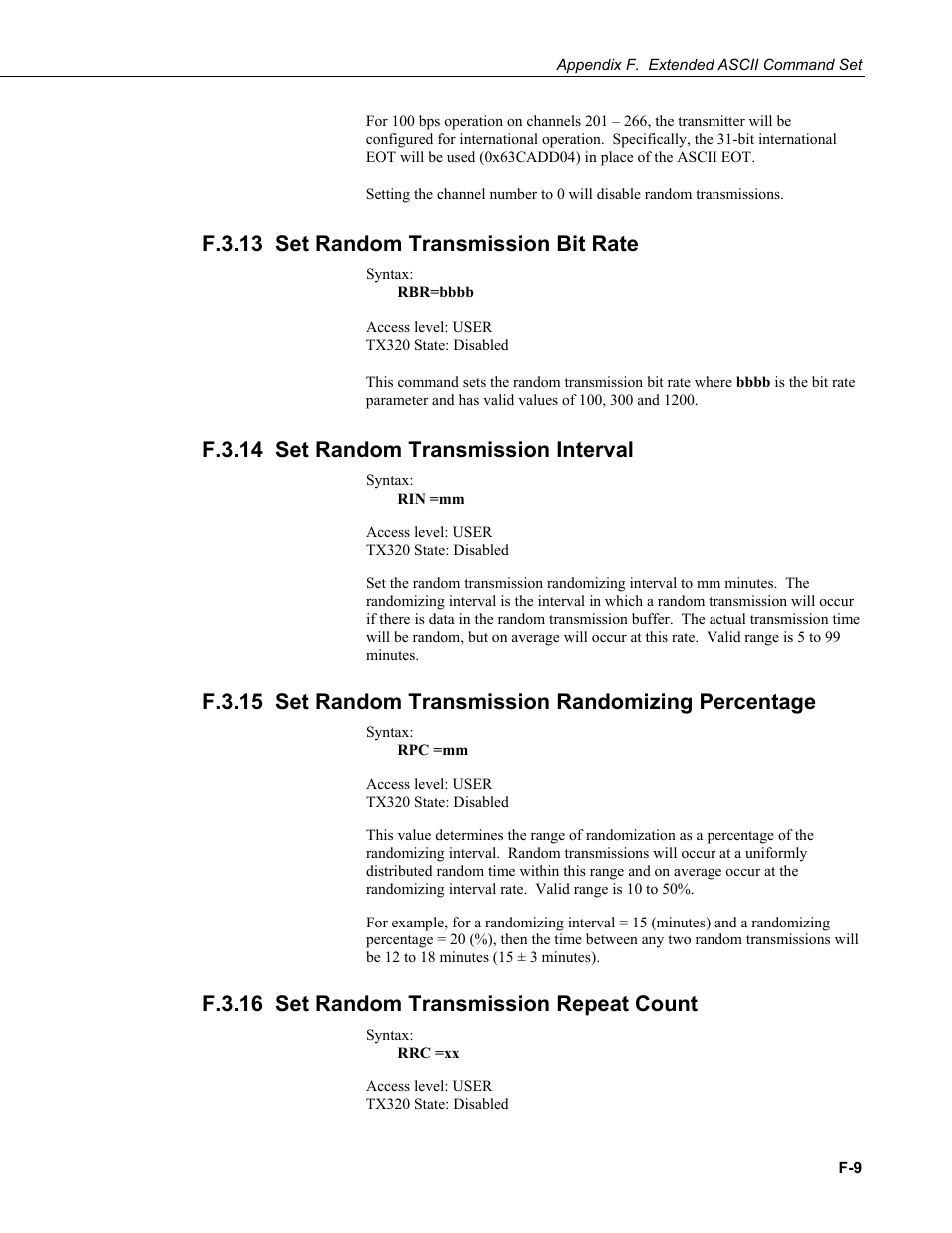 F.3.13 set random transmission bit rate, F.3.14 set random transmission interval, F.3.16 set random transmission repeat count | Campbell Scientific TX320 Transmitter User Manual | Page 71 / 80