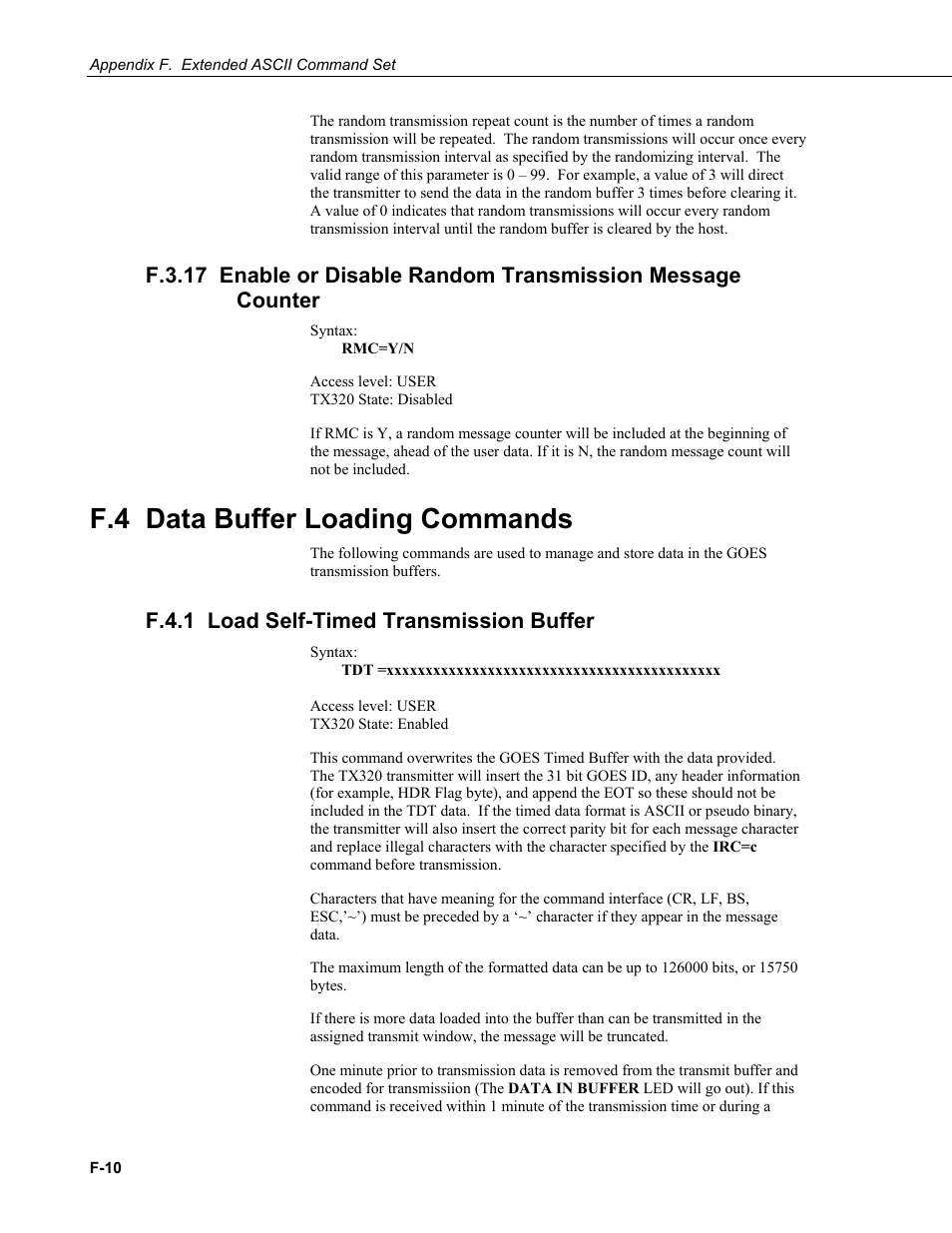 F.4 data buffer loading commands, F.4.1 load self-timed transmission buffer | Campbell Scientific TX320 Transmitter User Manual | Page 72 / 80