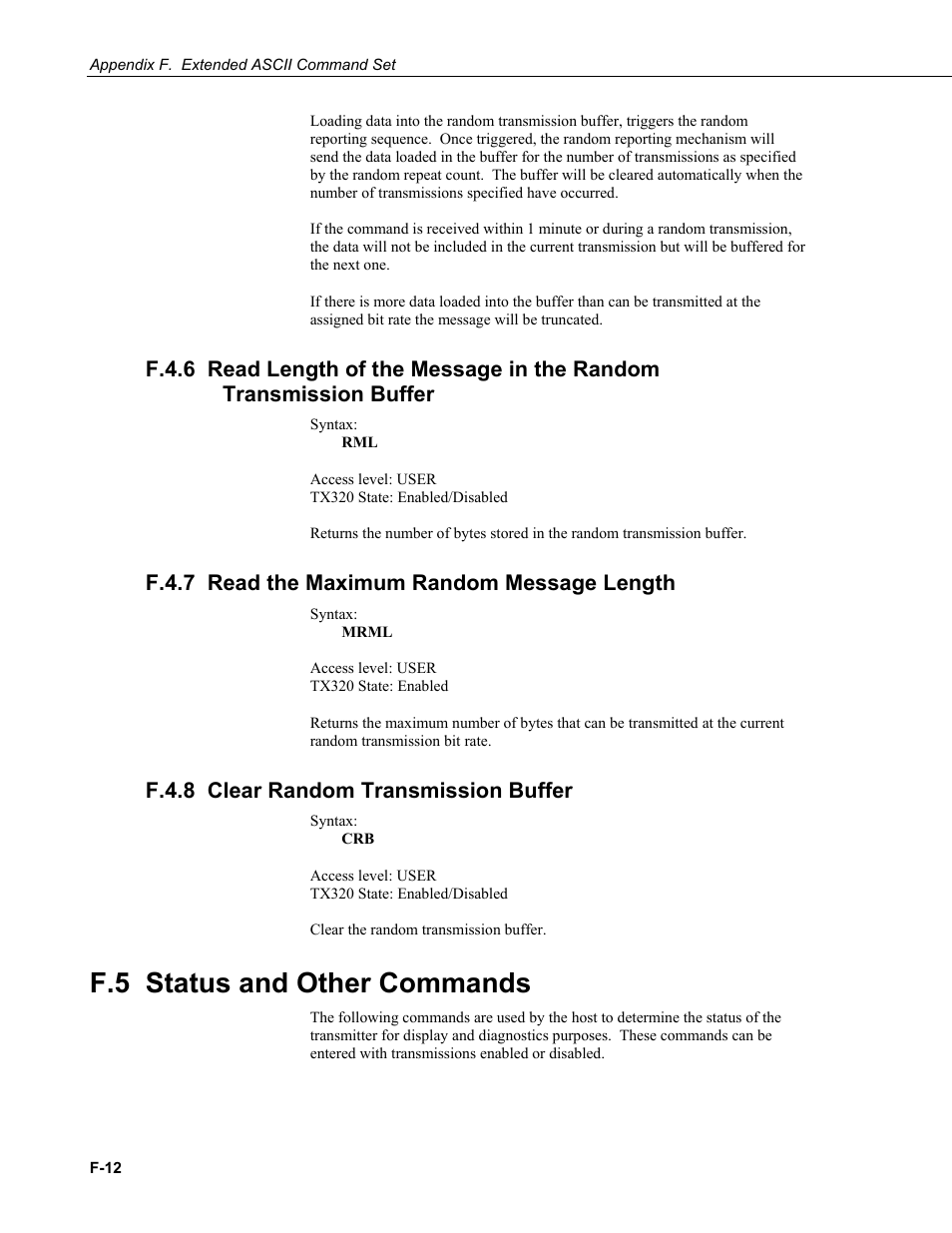 F.4.7 read the maximum random message length, F.4.8 clear random transmission buffer, F.5 status and other commands | Campbell Scientific TX320 Transmitter User Manual | Page 74 / 80