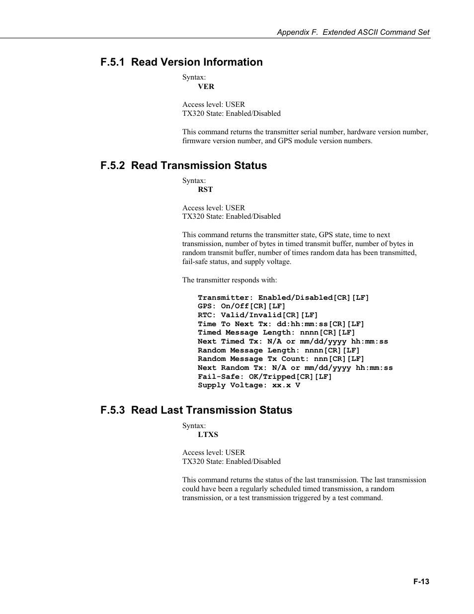 F.5.1 read version information, F.5.2 read transmission status, F.5.3 read last transmission status | F.5.1 read, Version, F.5.2 read | Campbell Scientific TX320 Transmitter User Manual | Page 75 / 80