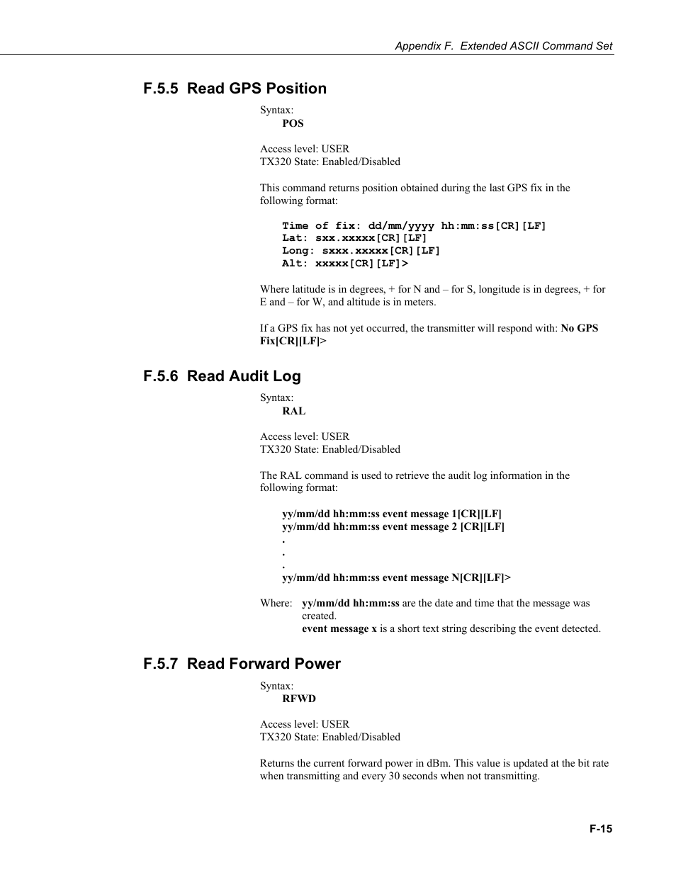 F.5.5 read gps position, F.5.6 read audit log, F.5.7 read forward power | F.5.5 read, F.5.6 read, F.5.7 read | Campbell Scientific TX320 Transmitter User Manual | Page 77 / 80