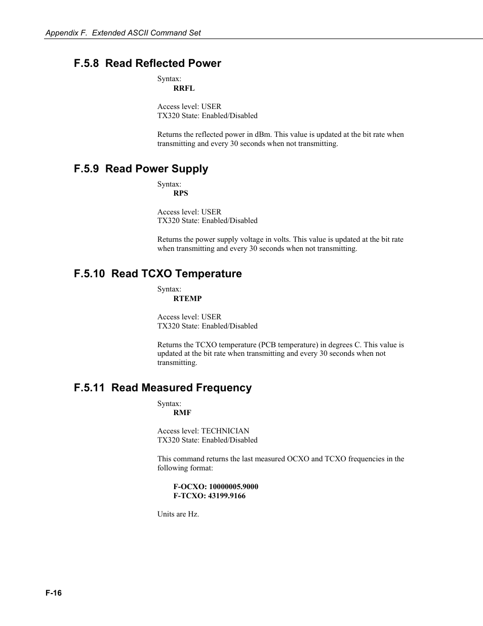 F.5.8 read reflected power, F.5.9 read power supply, F.5.10 read tcxo temperature | F.5.11 read measured frequency, F.5.8 read, F.5.9 read | Campbell Scientific TX320 Transmitter User Manual | Page 78 / 80