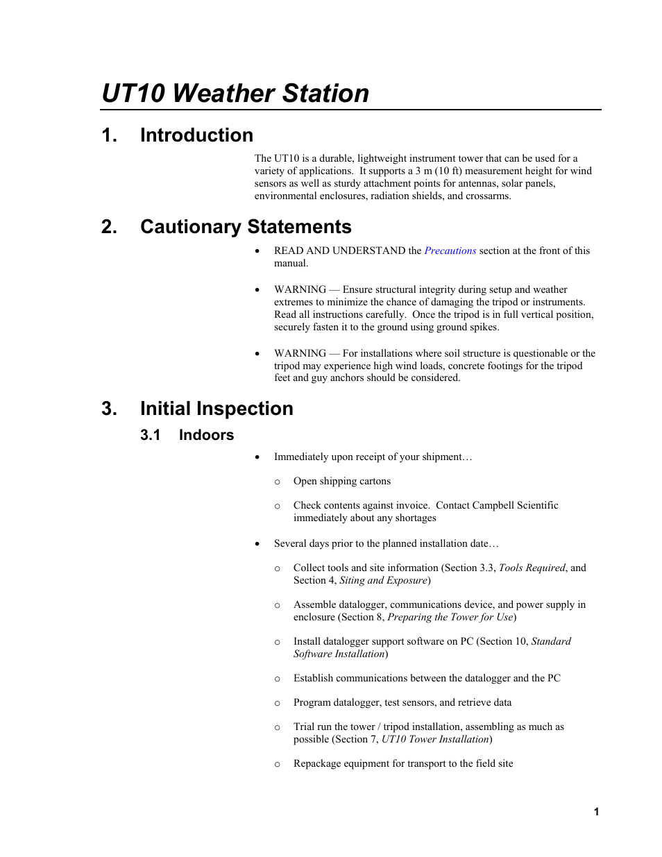 Introduction, Cautionary statements, Initial inspection | 1 indoors, Indoors, Ut10 weather station | Campbell Scientific UT10 10 foot Tower w/ Grounding Kit and Hinged Base User Manual | Page 11 / 66