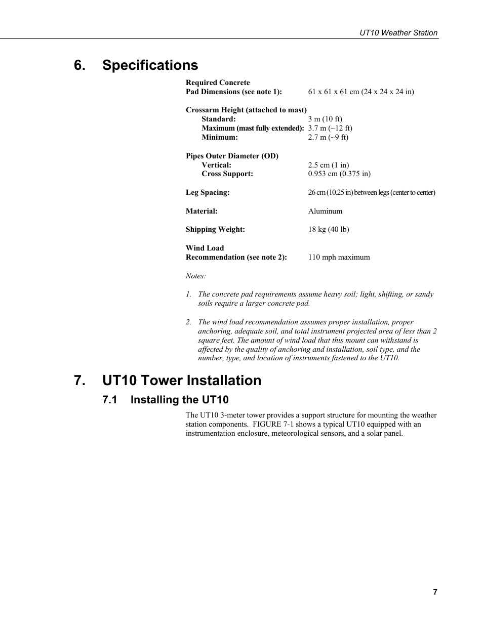 Specifications, Ut10 tower installation, 1 installing the ut10 | Installing the ut10 | Campbell Scientific UT10 10 foot Tower w/ Grounding Kit and Hinged Base User Manual | Page 17 / 66