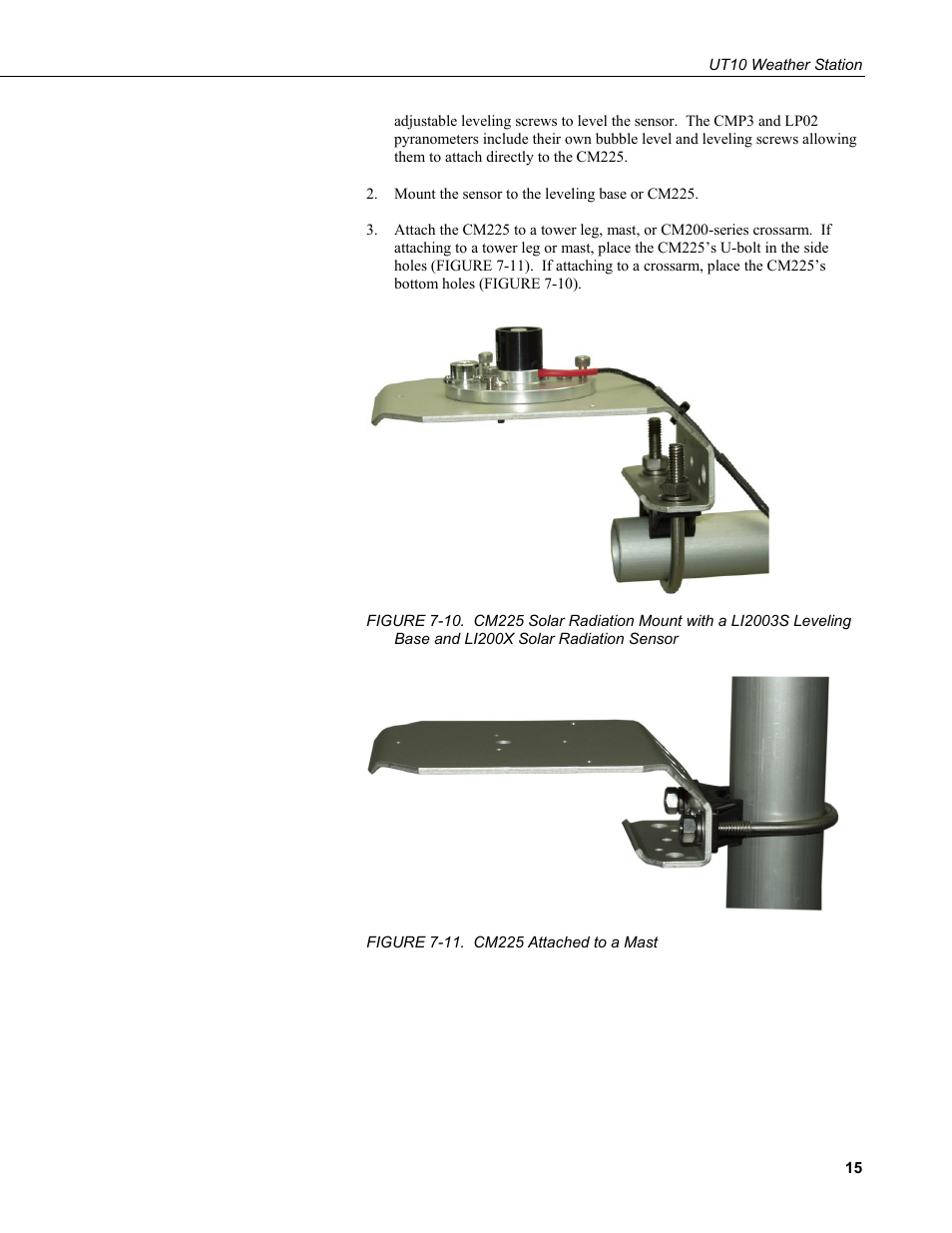 Li200x solar radiation sensor, 11. cm225 attached to a mast | Campbell Scientific UT10 10 foot Tower w/ Grounding Kit and Hinged Base User Manual | Page 25 / 66
