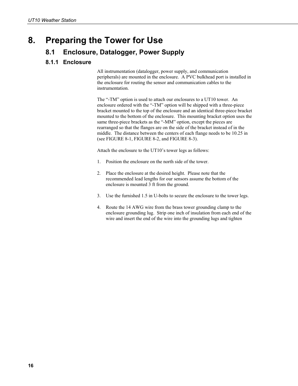 Preparing the tower for use, 1 enclosure, datalogger, power supply, 1 enclosure | Enclosure, datalogger, power supply, Enclosure, On 8 | Campbell Scientific UT10 10 foot Tower w/ Grounding Kit and Hinged Base User Manual | Page 26 / 66