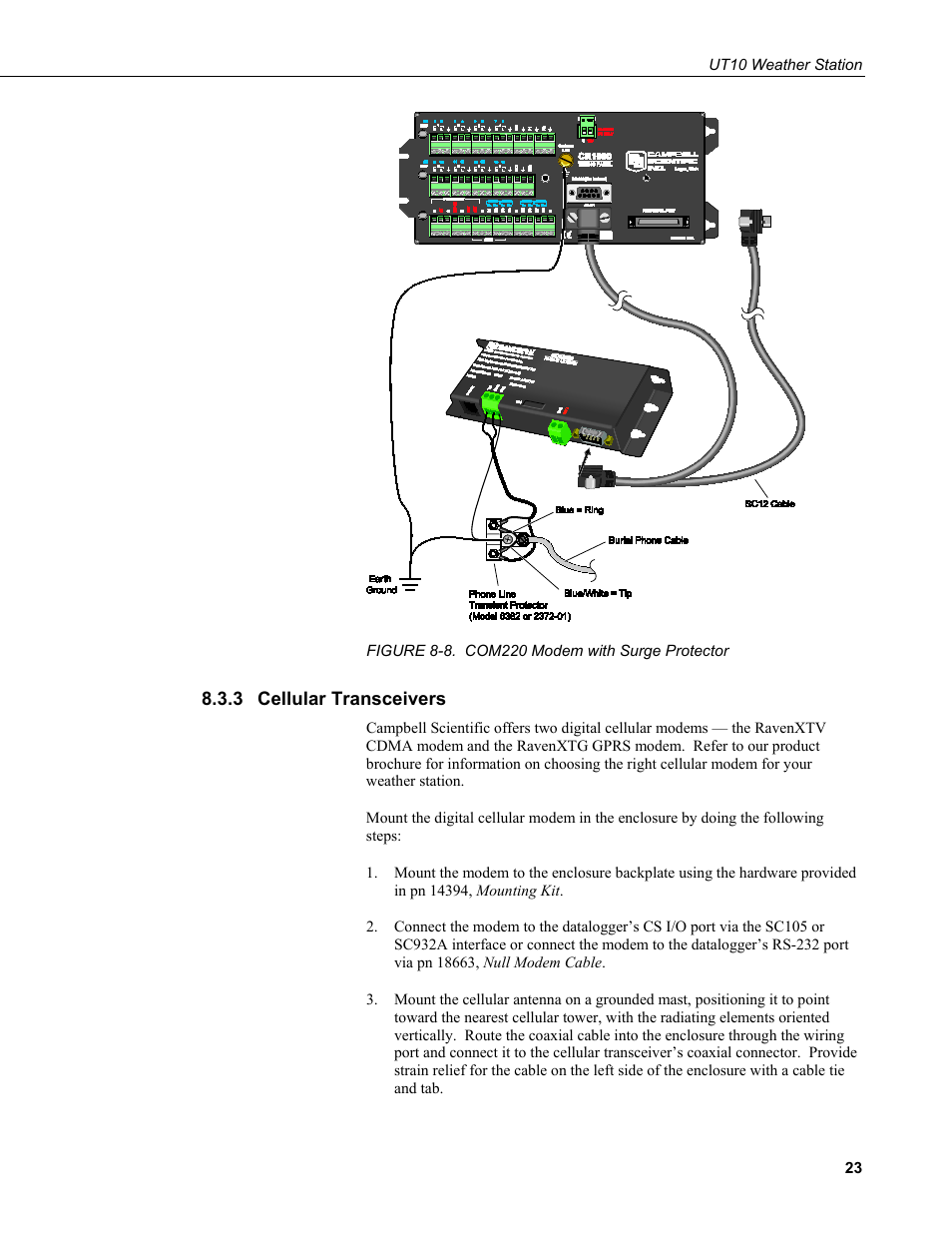 3 cellular transceivers, Cellular transceivers, 8. com220 modem with surge protector | Campbell Scientific UT10 10 foot Tower w/ Grounding Kit and Hinged Base User Manual | Page 33 / 66