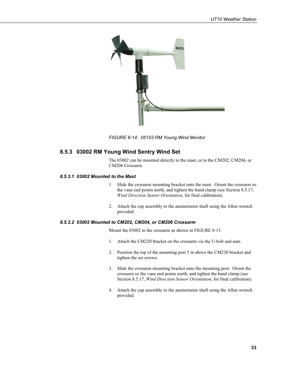 3 03002 rm young wind sentry wind set, 1 03002 mounted to the mast, 2 03002 mounted to cm202, cm204, or cm206 crossarm | 03002 rm young wind sentry wind set, 03002 mounted to the mast, 03002 mounted to cm202, cm204, or cm206, Crossarm, 14. 05103 rm young wind monitor | Campbell Scientific UT10 10 foot Tower w/ Grounding Kit and Hinged Base User Manual | Page 43 / 66