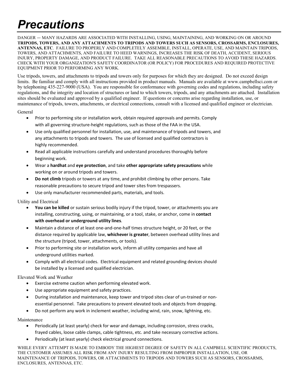 Precautions | Campbell Scientific UT10 10 foot Tower w/ Grounding Kit and Hinged Base User Manual | Page 5 / 66