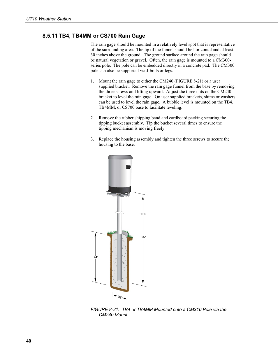 11 tb4, tb4mm or cs700 rain gage, Tb4, tb4mm or cs700 rain gage, Mount | Campbell Scientific UT10 10 foot Tower w/ Grounding Kit and Hinged Base User Manual | Page 50 / 66