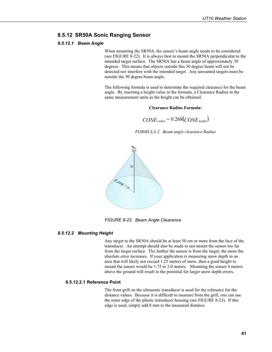12 sr50a sonic ranging sensor, 1 beam angle, 2 mounting height | 1 reference point, Sr50a sonic ranging sensor, Beam angle, Mounting height, Reference point, 22. beam angle clearance | Campbell Scientific UT10 10 foot Tower w/ Grounding Kit and Hinged Base User Manual | Page 51 / 66