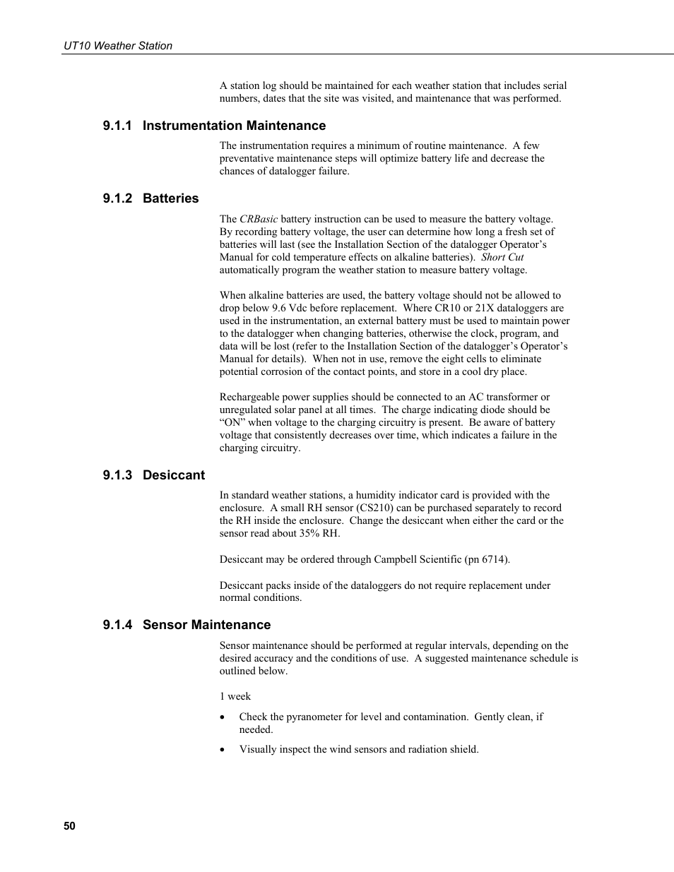 1 instrumentation maintenance, 2 batteries, 3 desiccant | 4 sensor maintenance, Instrumentation maintenance, Batteries, Desiccant, Sensor maintenance | Campbell Scientific UT10 10 foot Tower w/ Grounding Kit and Hinged Base User Manual | Page 60 / 66