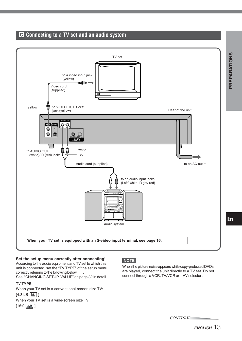 C connecting to a tv set and an audio system, Prep ara tions | Aiwa XD-DV270 User Manual | Page 13 / 39