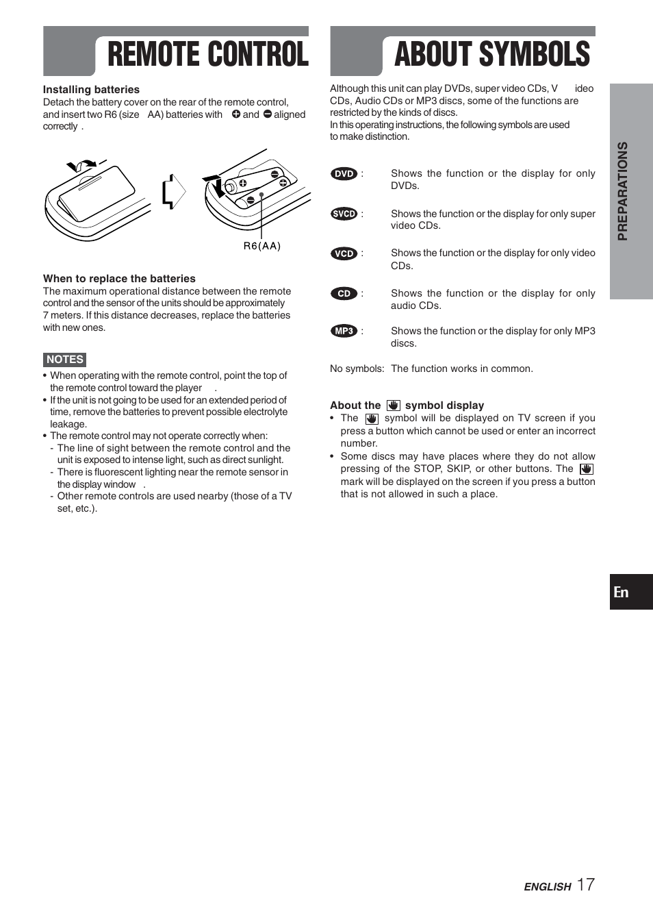 Remote control, About symbols | Aiwa XD-DV270 User Manual | Page 17 / 39