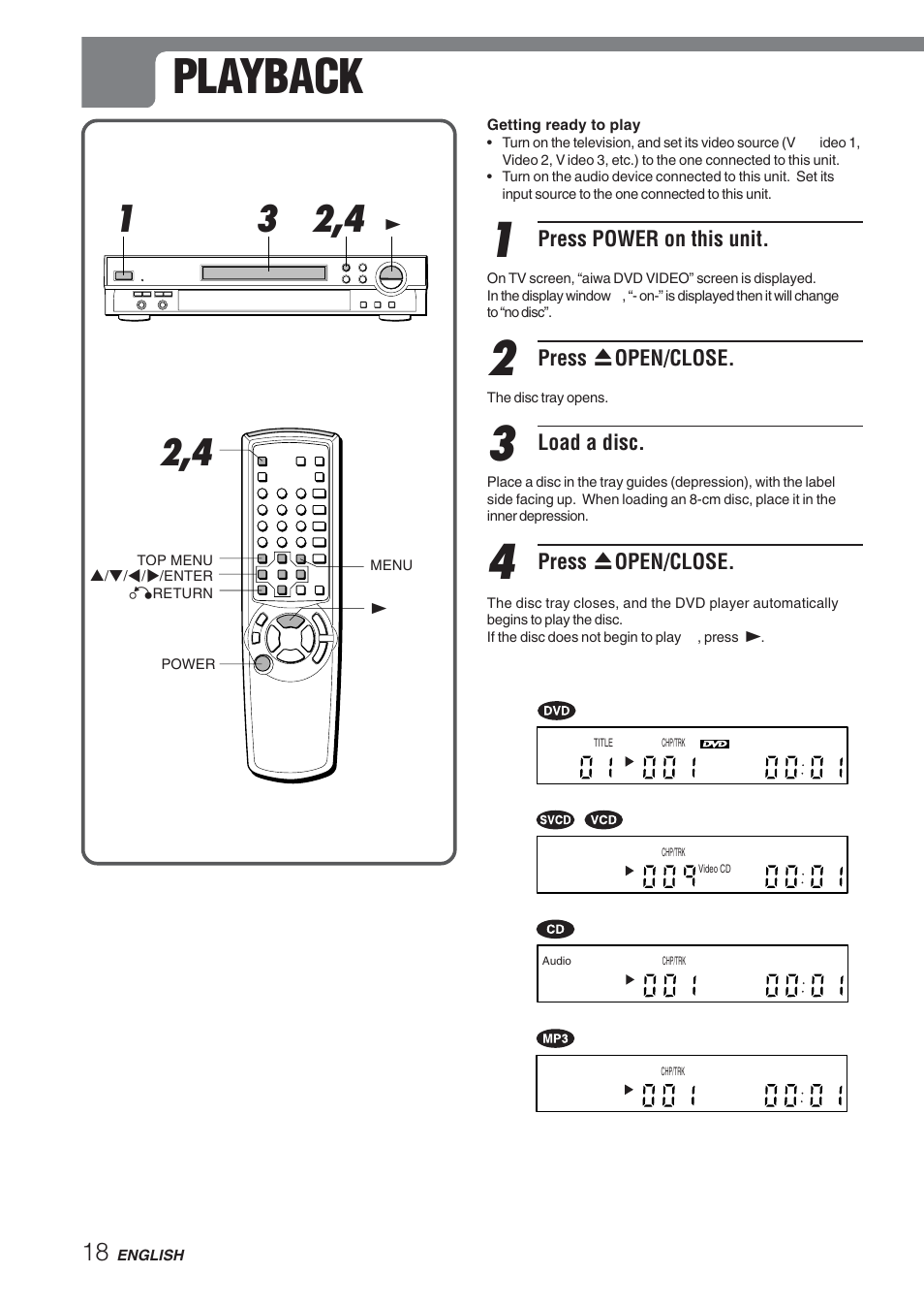 Playback, Press power on this unit, Press z open/close | Load a disc | Aiwa XD-DV270 User Manual | Page 18 / 39