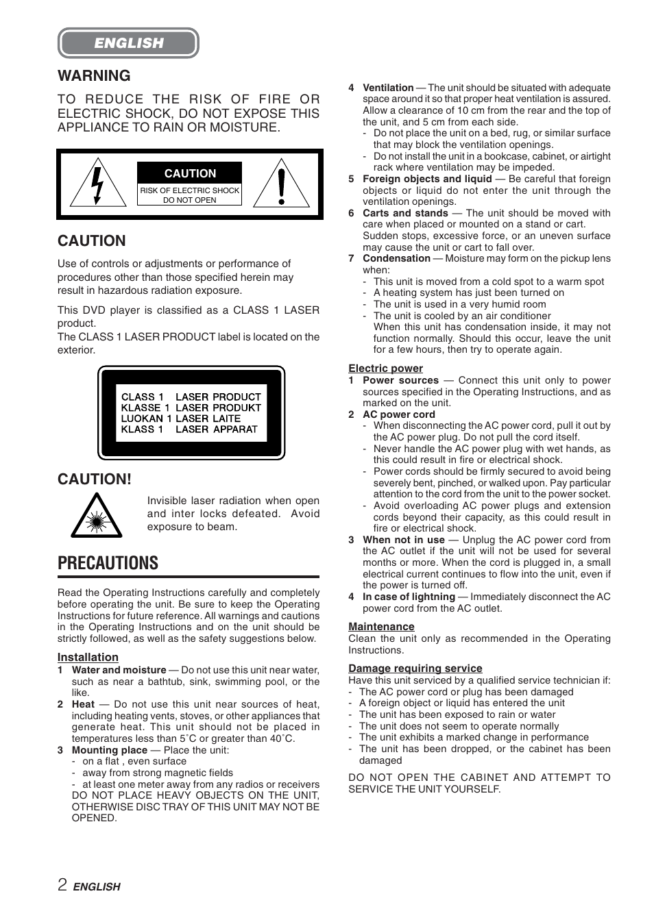 Precautions, Warning, Caution | English | Aiwa XD-DV270 User Manual | Page 2 / 39