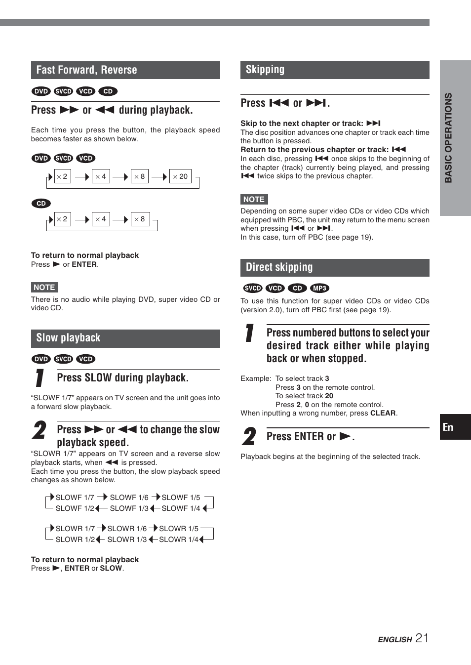 En fast forward, reverse, Press g or f during playback, Slow playback | Press slow during playback, Press g or f to change the slow playback speed, Skipping press r or t, Direct skipping, Press enter or c | Aiwa XD-DV270 User Manual | Page 21 / 39