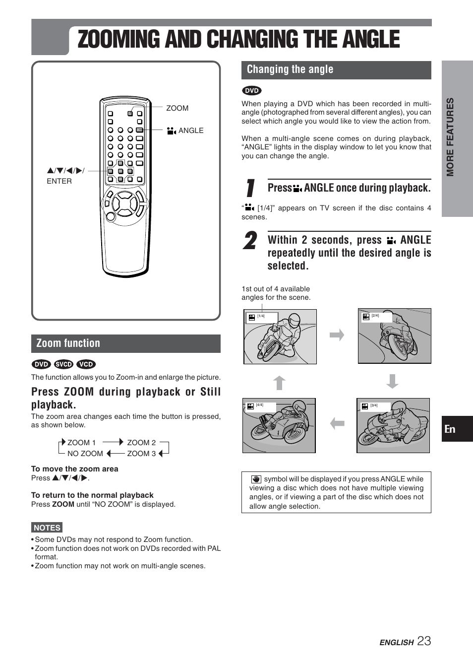 Zooming and changing the angle, En changing the angle, Press angle once during playback | Zoom function, Press zoom during playback or still playback | Aiwa XD-DV270 User Manual | Page 23 / 39