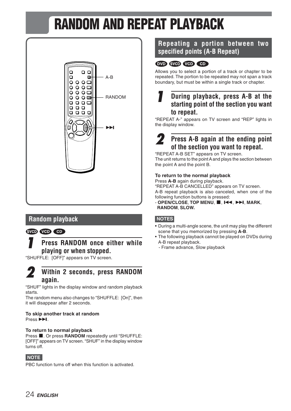 Random and repeat playback | Aiwa XD-DV270 User Manual | Page 24 / 39
