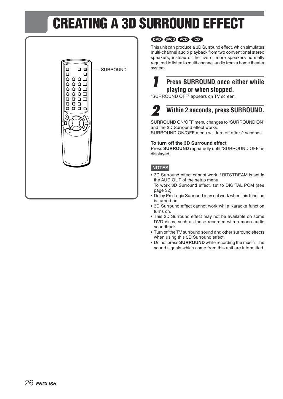 Creating a 3d surround effect | Aiwa XD-DV270 User Manual | Page 26 / 39