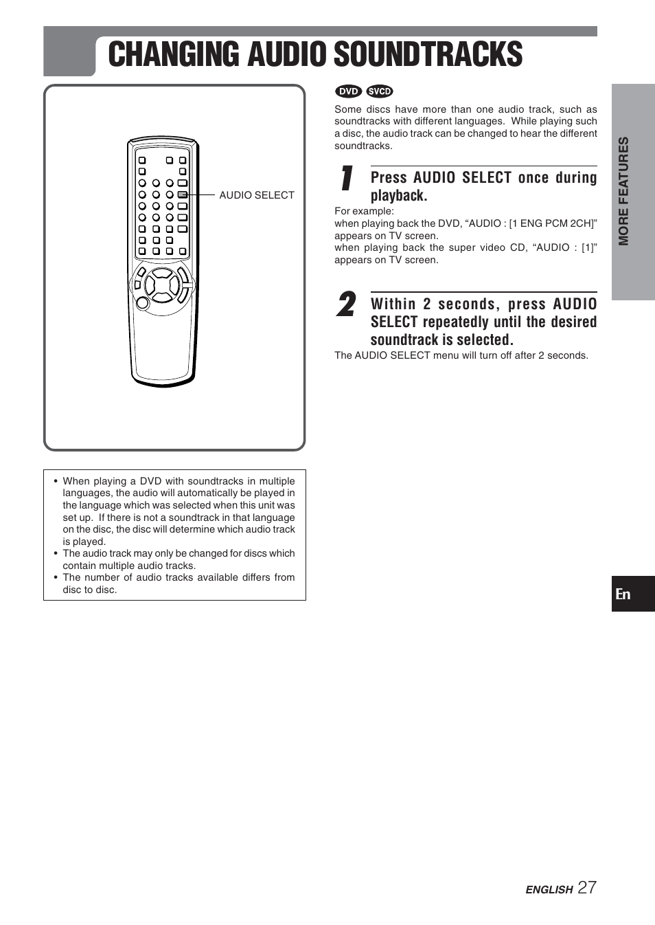 Changing audio soundtracks | Aiwa XD-DV270 User Manual | Page 27 / 39