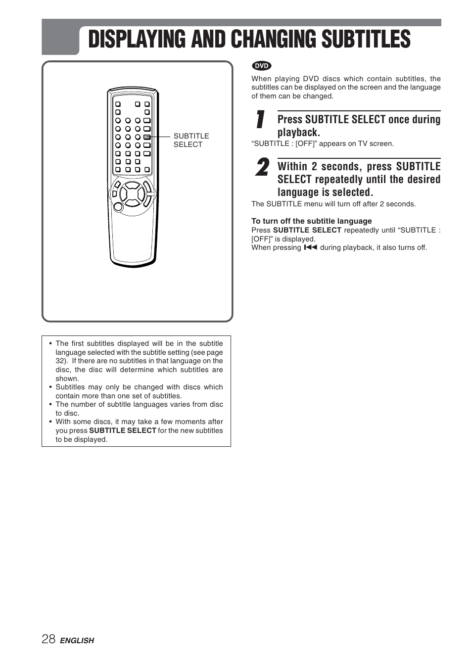 Displaying and changing subtitles | Aiwa XD-DV270 User Manual | Page 28 / 39