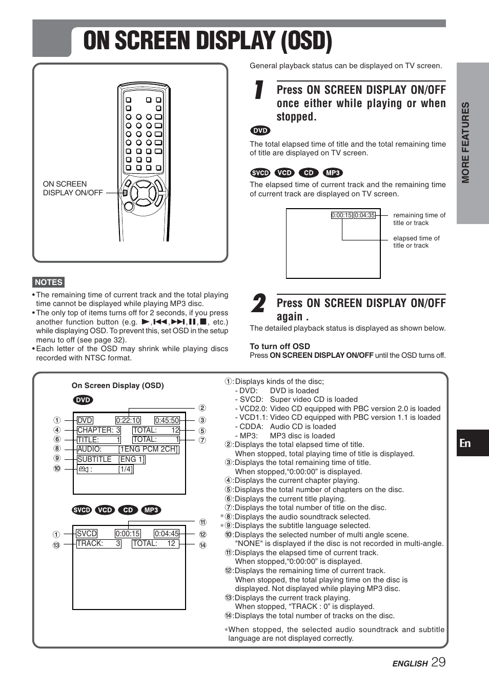 On screen display (osd), Press on screen display on/off again | Aiwa XD-DV270 User Manual | Page 29 / 39