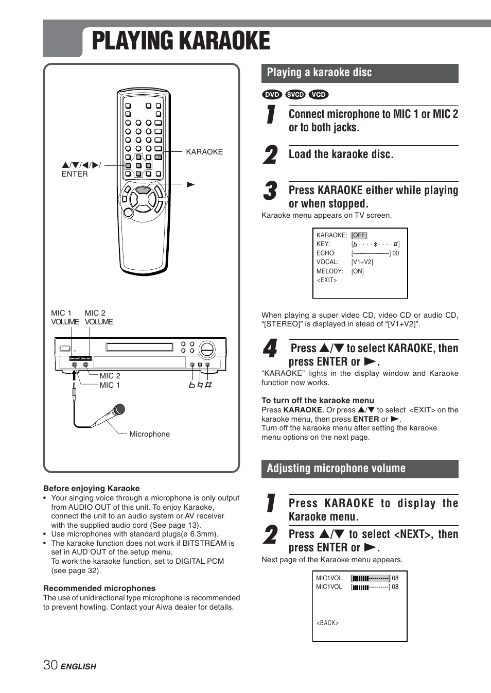 Playing karaoke | Aiwa XD-DV270 User Manual | Page 30 / 39