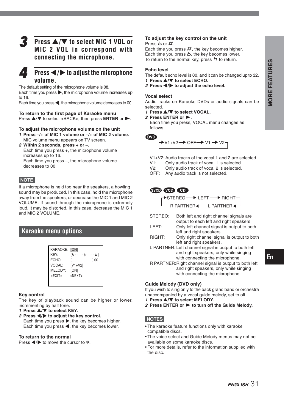 Press j / l to adjust the microphone volume, Karaoke menu options | Aiwa XD-DV270 User Manual | Page 31 / 39